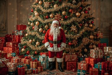 Santa Claus is standing next to a Christmas tree with gifts
