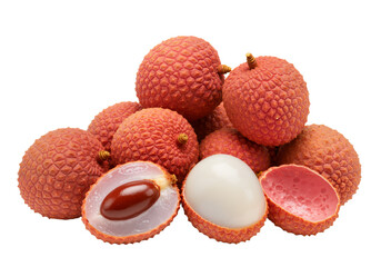 Bunch of lychee fruits on white background, tropical fruit photo for summer food designs