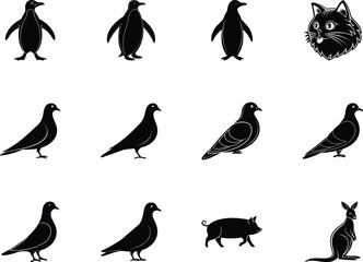 A collection of diverse monochrome animal silhouettes, including birds, kangaroo, cat, pig, and penguin, displayed on white