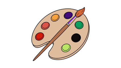 Wooden Artist Palette with Colorful Paint Dabs and Brush on White Background