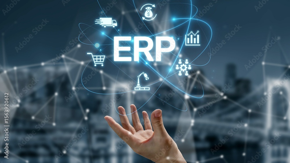 Poster erp platform visual showing centralized system for enterprise resource planning, improving integrati