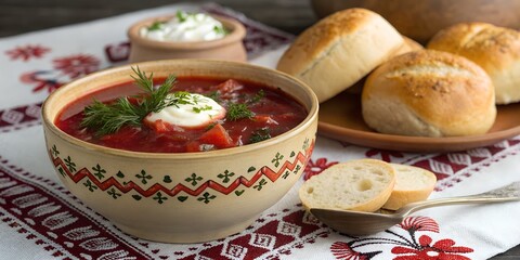 A delicious portion of borscht in a ceramic bowl, garnished with sour cream and dill. Nearby are garlic donuts on an embroidered towel.
