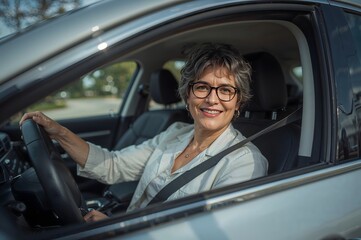 A happy woman in her 60s driving a modern car