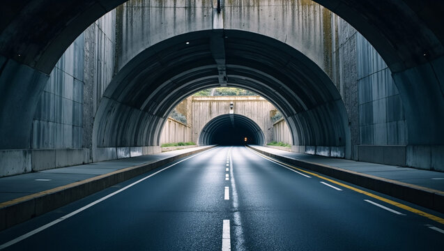 Fototapeta A road tunnel with concrete arches, a smooth asphalt road, and a distant light at the end, leading to the other side.