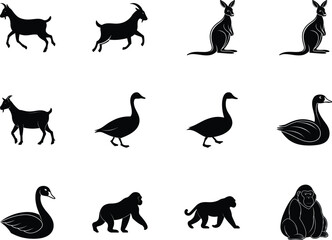 Black silhouettes of goats, kangaroos, geese, swan, and gorillas appear against transparent background