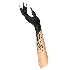 3D rendered fantasy hands with long dark claws and dark paint isolated on transparent background