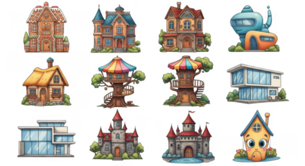 Charming Collection of Illustrated Houses in Various Architectural Styles, Celebrating Diversity and Imagination, isolated on a transparent background