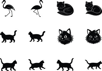 Two flamingo silhouettes stand gracefully beside various cat silhouettes with transparent background