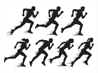 Silhouettes of male and female runners in motion with speed lines effect