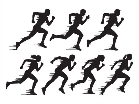 Silhouettes of male and female runners in motion with speed lines effect