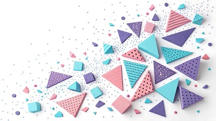 Colorful Geometric Arrangement on White Background: Playful Triangles, Cubes, and Dots for Abstract Art and Creative Design.