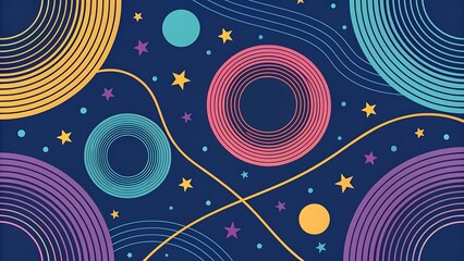 Obraz premium Colorful Geometric Illustration with Concentric Circles, Stars, and Dots on a Dark Blue Backdrop Creates an Aesthetic Design