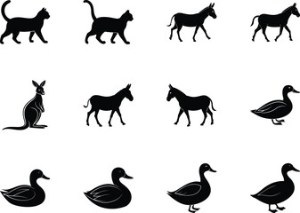 Several animal silhouettes, including cats, donkeys, kangaroo, and ducks, are showcased on a white backdrop