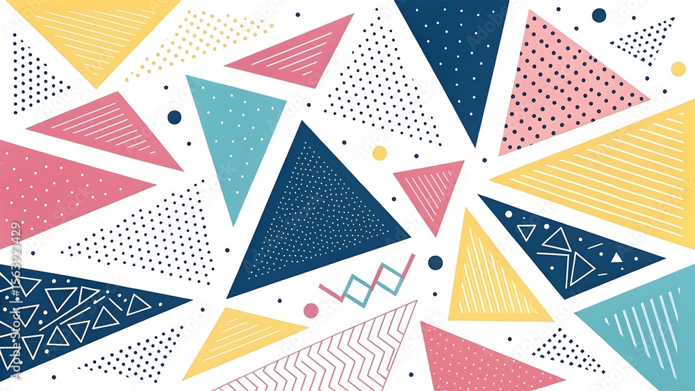 Poster colorful geometric triangle pattern with dots and lines on white background, abstract minimalist art