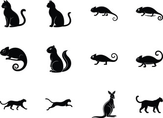 Several animal shapes like cat, kangaroo, chameleon and panther are represented as black silhouette