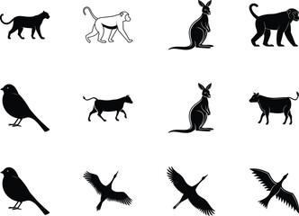 This monochrome silhouette collection features various wildlife, including mammals and birds in transparent background