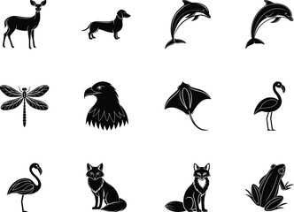 Silhouette showcasing various animals including deer, dachshund, dolphins, dragonfly, and many others