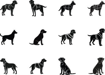 Twelve black silhouette dogs are shown in various poses on a transparent background