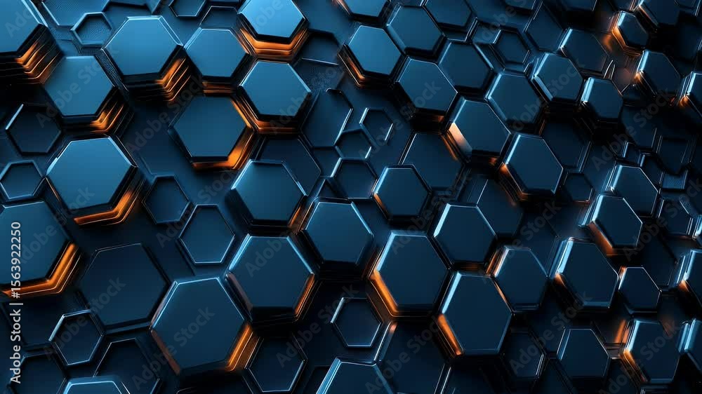 Poster abstract digital background of interconnected hexagonal shapes in shades of blue and orange with ill