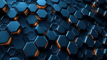 Abstract digital background of interconnected hexagonal shapes in shades of blue and orange with illuminated edges, creating a modern and dynamic visual. - Powered by Adobe