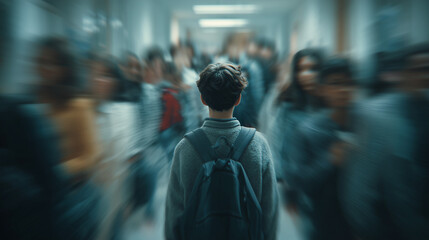 Fototapeta premium A boy walking alone through a crowded school hallway, feeling isolated and lonely, surrounded by students, reflecting emotions of solitude and introspection in daily life.