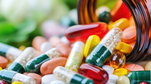 Vibrant assortment of colorful capsules and tablets spills from brown bottle, symbolizing health and wellness