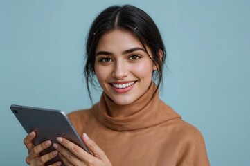 An Arab woman with a tablet at work.