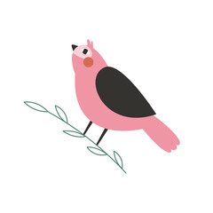 Pink cartoon bird on branch. Cute vector illustration with bird