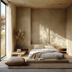 Eco-modern bedroom featuring natural textures, simple geometric structure, and soft diffused sunlight 