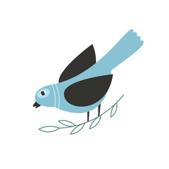 Blue cartoon bird on branch. Cute vector illustration with bird