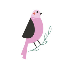 Cute pink bird sitting on a branch. Forest bird vector clipart