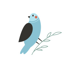 Blue cartoon bird sitting on branches – colorful flat vector illustration