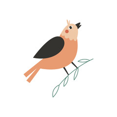 Flat cartoon bird sitting on a tree branch. Vector bird sticker