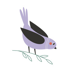Purple cartoon bird sitting on a tree branch. Vector bird sticker