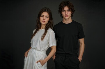 A young man and a young woman, brother and sister, on a dark background.