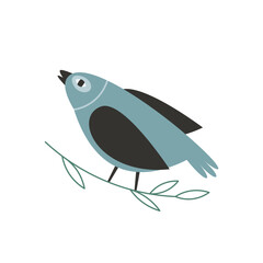 Сute cartoon bird sitting on a tree branch. Vector bird sticker