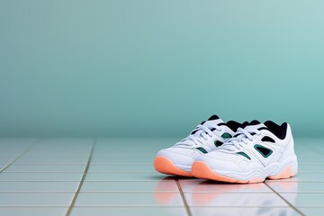 Two white shoes with orange laces are on a white tile floor
