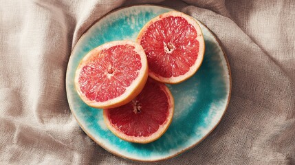 Three slices of grapefruit display a rich pink center, resting on a turquoise plate. The arrangement is complemented by soft, neutral-toned fabric, creating a serene dining setting