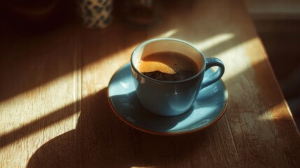 Obraz premium Golden Hour Espresso: Freshly Brewed Coffee in Blue Cup with Morning Sunlight
