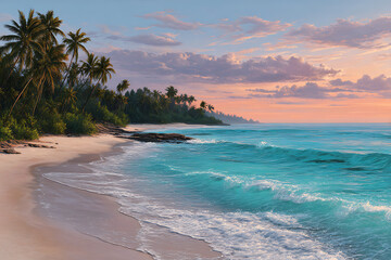 Tropical beach paradise serene ocean waves at sunset palm trees sandy shore
