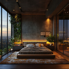 Designer bedroom with luxurious textures, warm ambient lighting, green indoor plants, floor-to-ceiling windows, aesthetic composition 