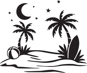 Tropical palm trees with leaves and black silhouettes isolated on a white black