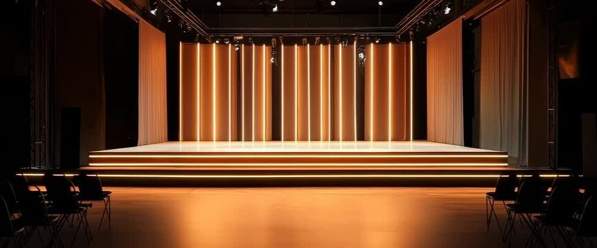 A stage with a row of chairs and a curtain. The stage is empty and the lights are on