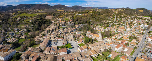 Aerial View Of The Old Town Charmes-sur-Rhône in France on a sunny spring day
