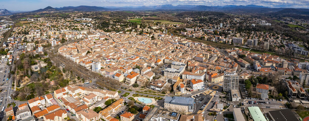 Aerial View Of The Old Town Montélimar in France on a sunny spring day
