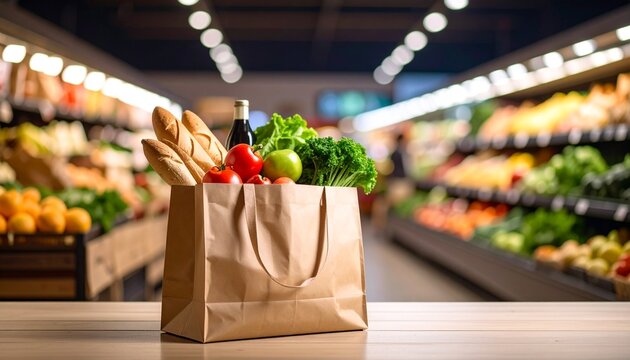 Groceries fill paper bag displayed on table at supermarket healthy food choices freshness
