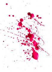 Vibrant red paint splatters and drips scattered across a pristine trasparent background, creating an energetic, abstract composition with varying droplet sizes and fluid trails.