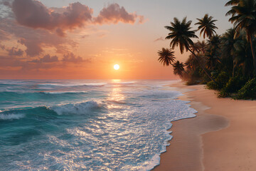 Tropical beach sunset with palm trees and ocean waves image