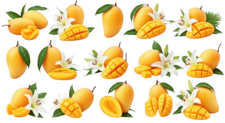 Fresh and Juicy Mangoes Surrounded by Colorful Tropical Flowers for Exquisite Exotic Themes, isolated on a transparent background