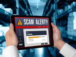 Cyber security software show alert of cyber attack for protection snugly. Danger from virus,...